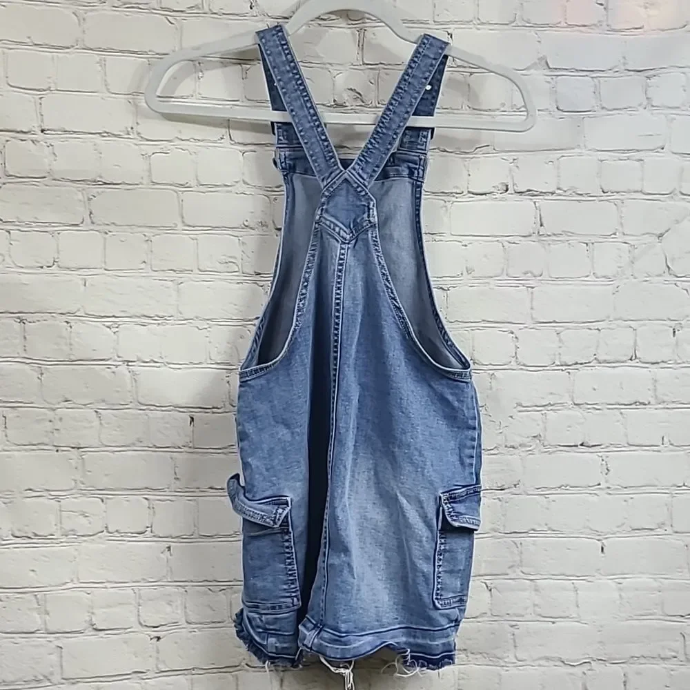 Justice Girls Denim Overall Dress Size 10 Cargo Pockets Raw Hem Jumper Y2K Cool